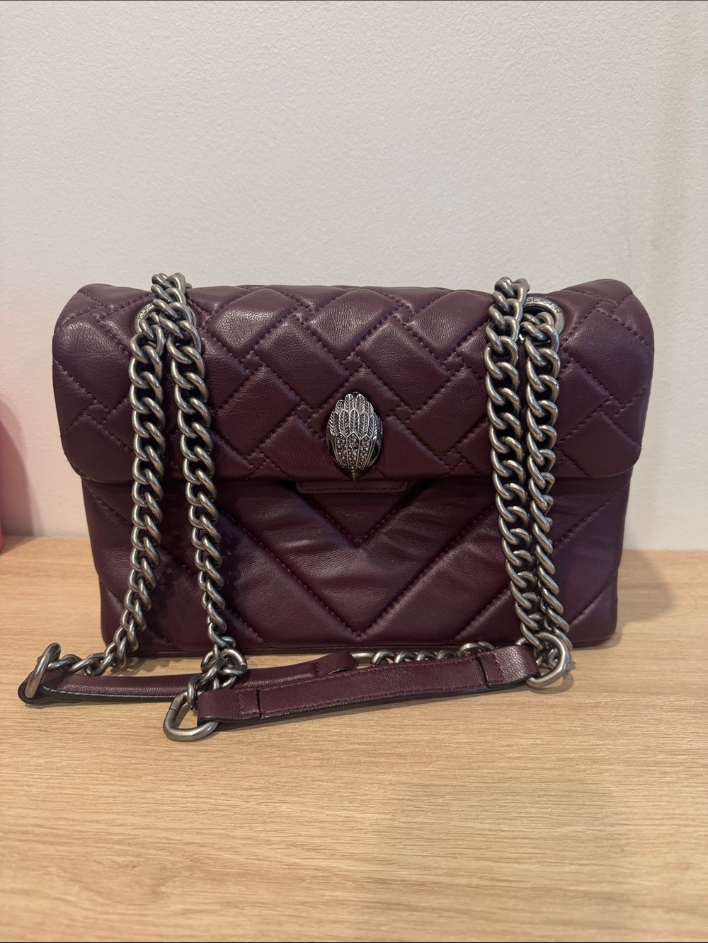 Kurt Geiger Quilted Plum Leather Shoulder Bag with Chain Strap
